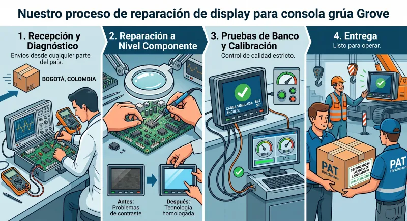 Proceso de reparación de display para consola de grúa Grove: recepción y diagnóstico, reparación a nivel componente, pruebas de banco y calibración, entrega